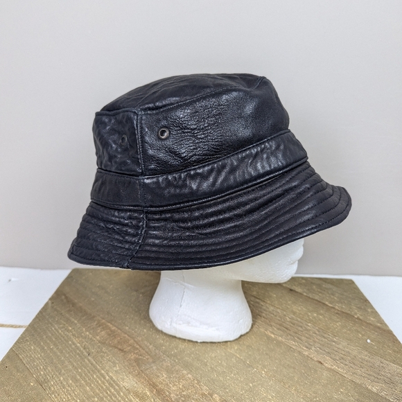 Accessories - Vintage black leather bucket hat size 23.5  90s